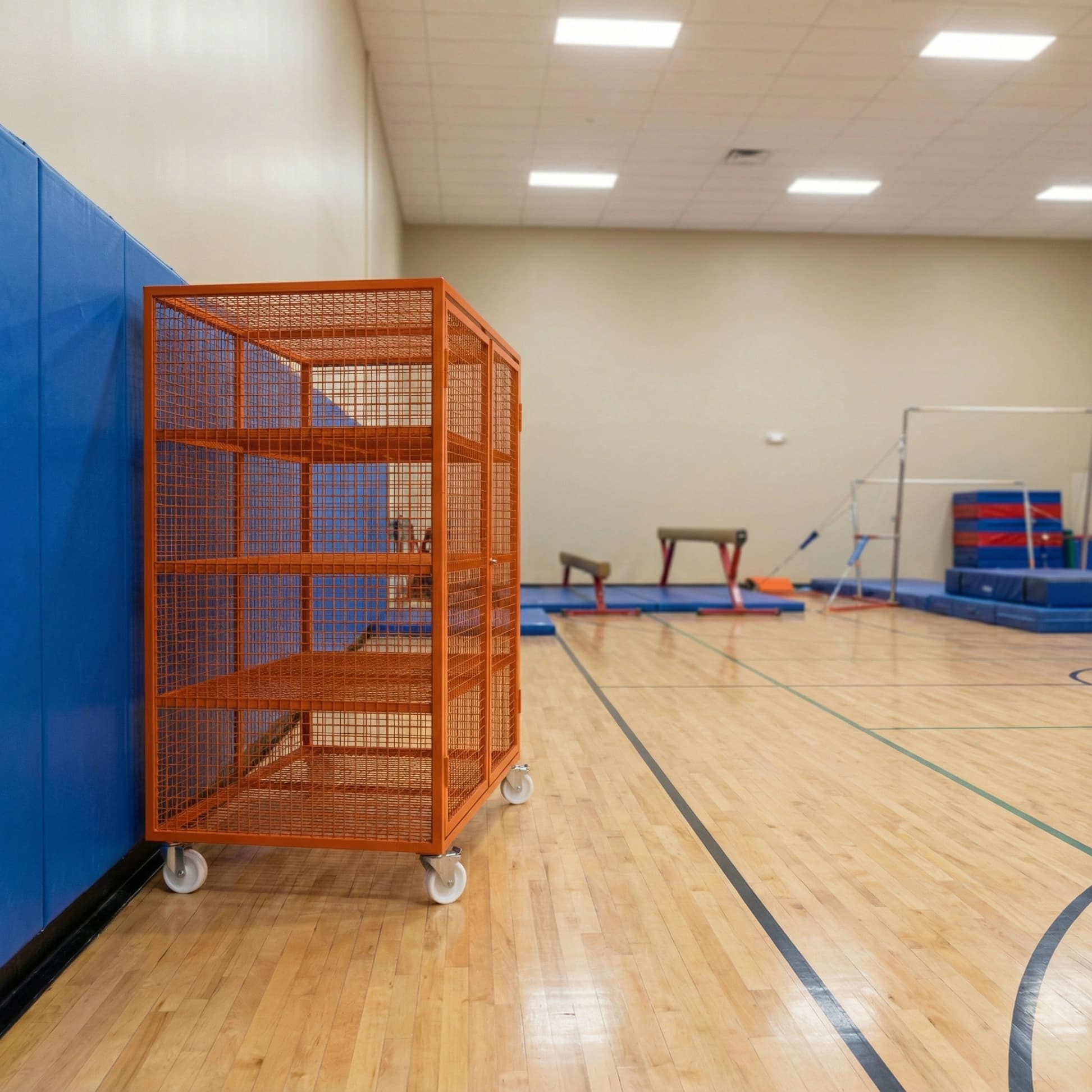 Orange mesh lockable storage trolley with rubber castors standing against a blue wall on a gymnasium wooden floor.