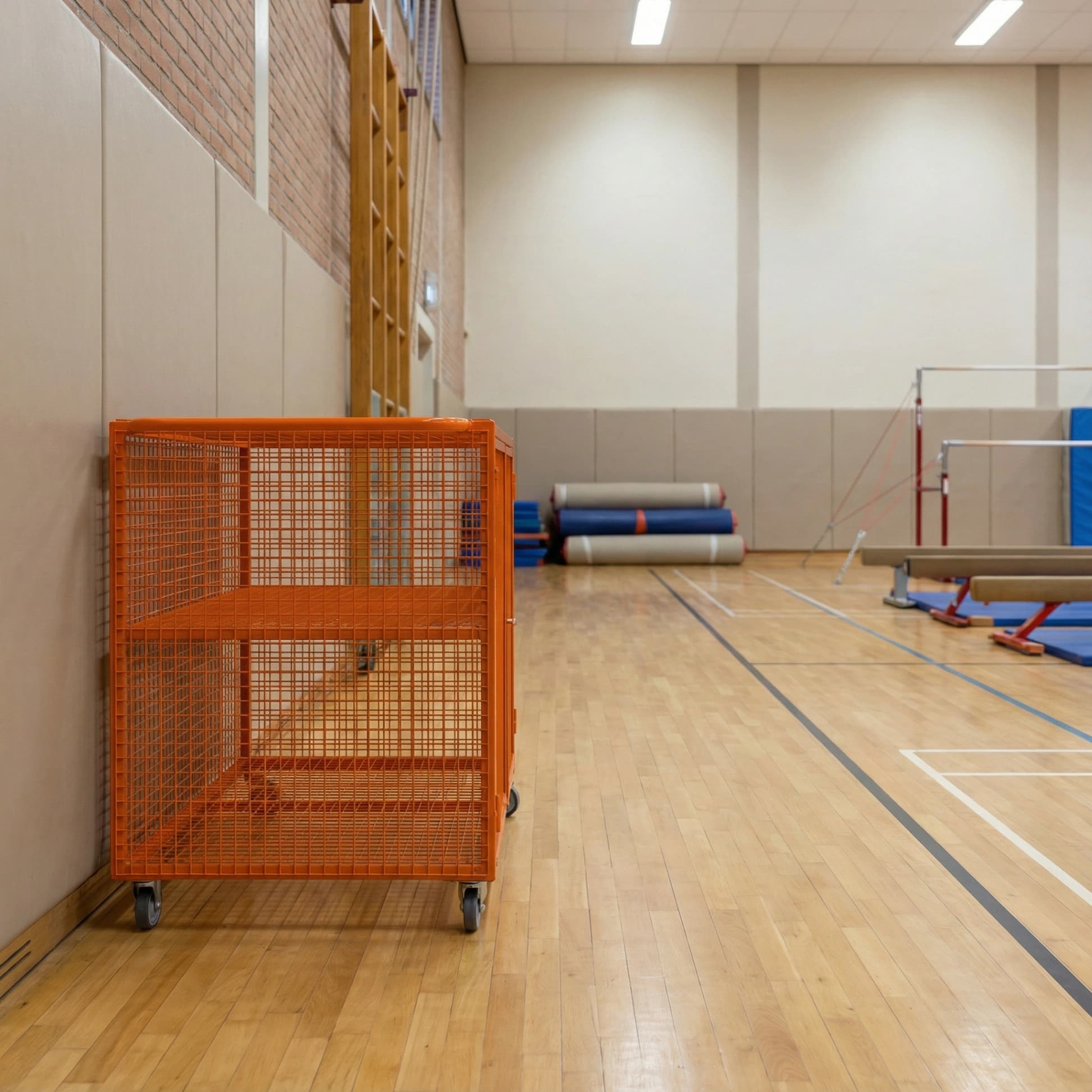 Small mesh lockable storage trolley on castors positioned against a gym wall with mats and apparatus in the background.