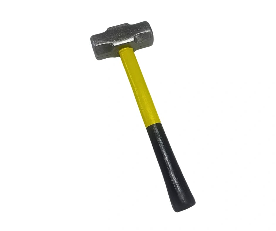 Training sledgehammer prop made from PU foam with a grey head, yellow shaft and black handle.