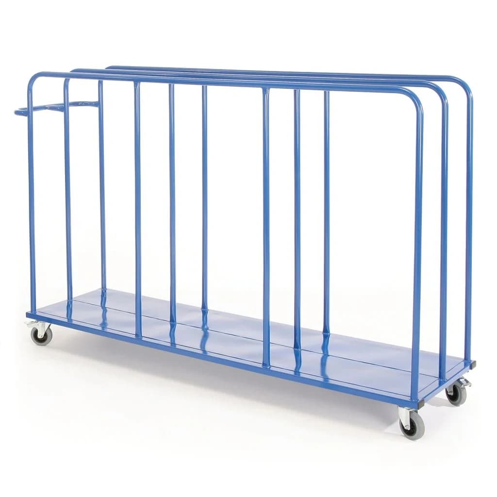 Blue powder-coated steel mat trolley with two vertical carrying compartments divided by a tubular central bar and four swivel castors, two braked.