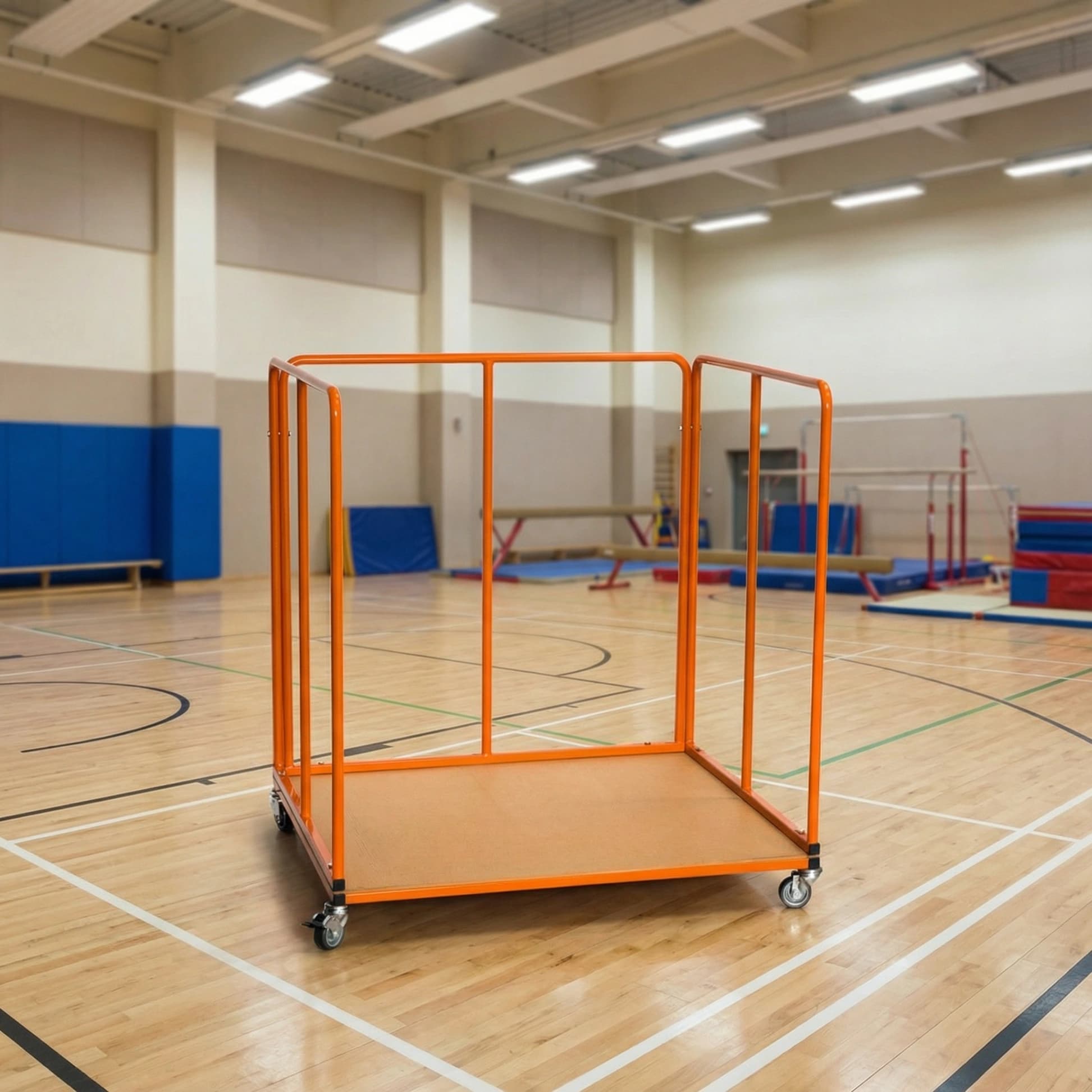 Orange tubular steel jigsaw mat trolley with non-marking swivel castors standing empty on a gymnasium floor.